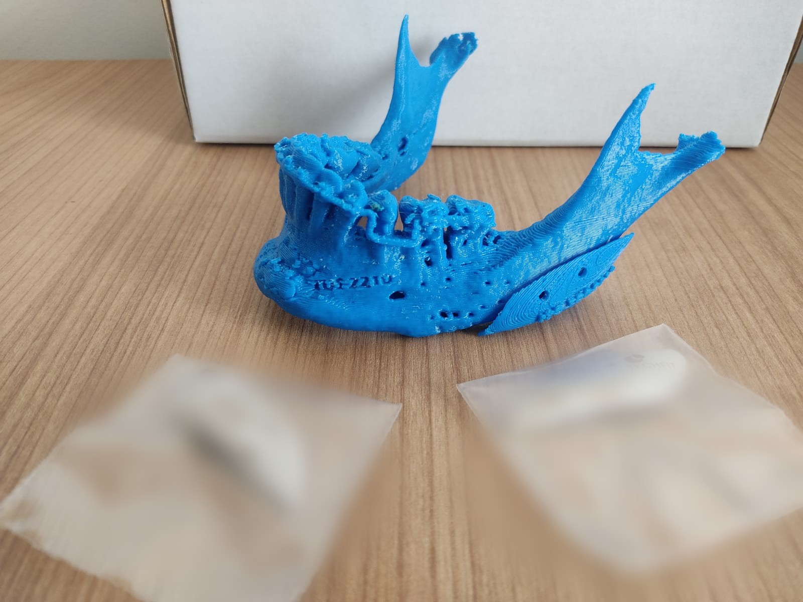 Modelo mandibular impreso en 3D junto a los implantes a la medida envasados en sus bolsitas estériles